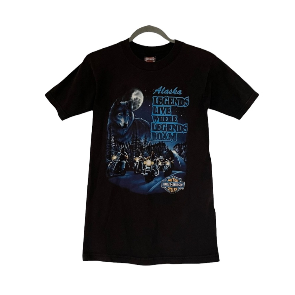 Harley Davidson Taku Alaska 2004 tee shirt black blue motorcycle wolf mens small